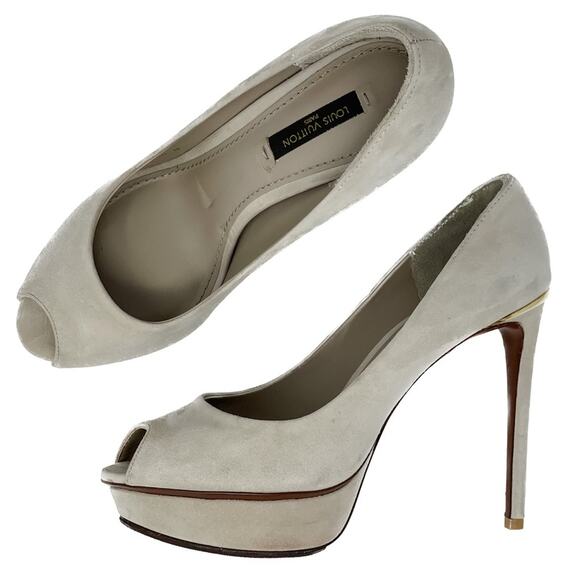 Louis Vuitton Eyeline neutral suede peep toe platform pumps size 37 US6.5 - Picture 1 of 14